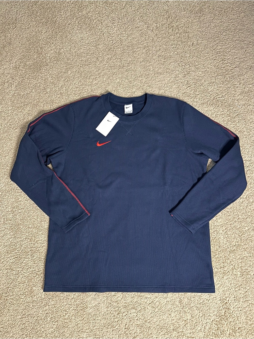 Nike Navy Long-Sleeve Crew with Red Swoosh and Stripe Details